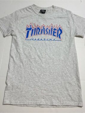 Thrasher Heather Gray Flame Logo Tee with Blue & Red Print